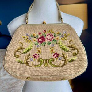 Vintage 50s Needlepoint Floral Tapestry Handbag